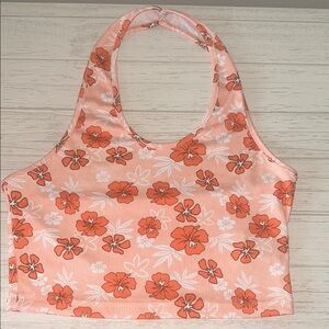 SHEIN Peach and Orange Hibiscus Print Cropped Halter Top